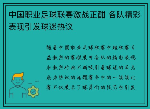 中国职业足球联赛激战正酣 各队精彩表现引发球迷热议