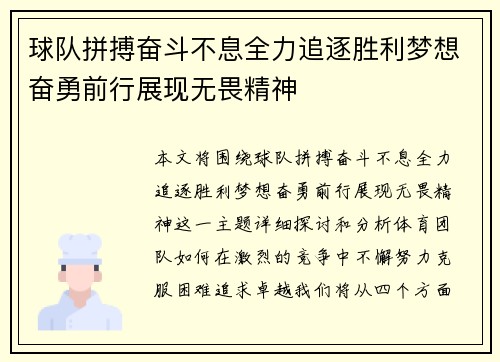 球队拼搏奋斗不息全力追逐胜利梦想奋勇前行展现无畏精神