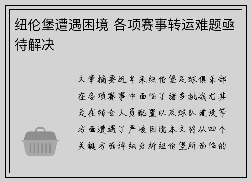 纽伦堡遭遇困境 各项赛事转运难题亟待解决