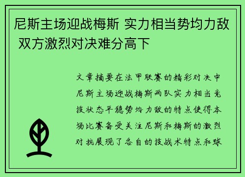 尼斯主场迎战梅斯 实力相当势均力敌 双方激烈对决难分高下
