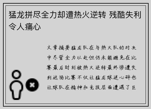 猛龙拼尽全力却遭热火逆转 残酷失利令人痛心