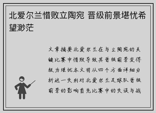北爱尔兰惜败立陶宛 晋级前景堪忧希望渺茫