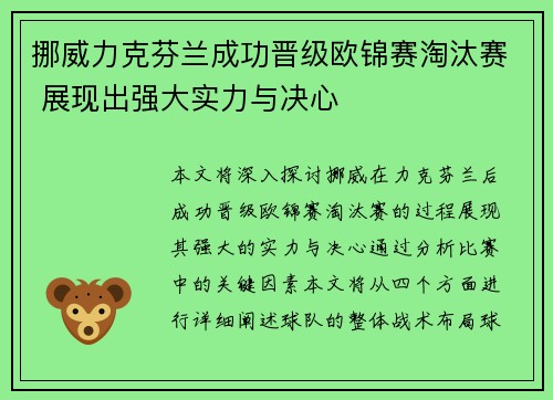 挪威力克芬兰成功晋级欧锦赛淘汰赛 展现出强大实力与决心