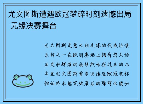 尤文图斯遭遇欧冠梦碎时刻遗憾出局 无缘决赛舞台