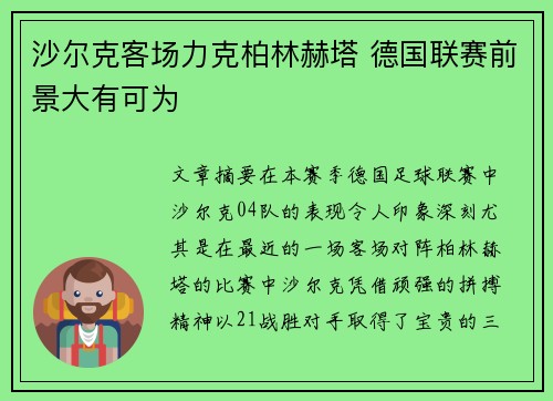 沙尔克客场力克柏林赫塔 德国联赛前景大有可为