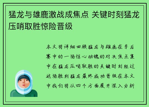 猛龙与雄鹿激战成焦点 关键时刻猛龙压哨取胜惊险晋级