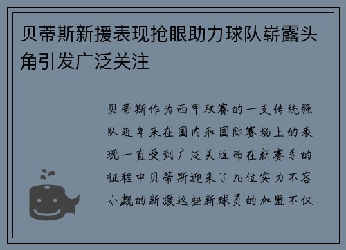 贝蒂斯新援表现抢眼助力球队崭露头角引发广泛关注