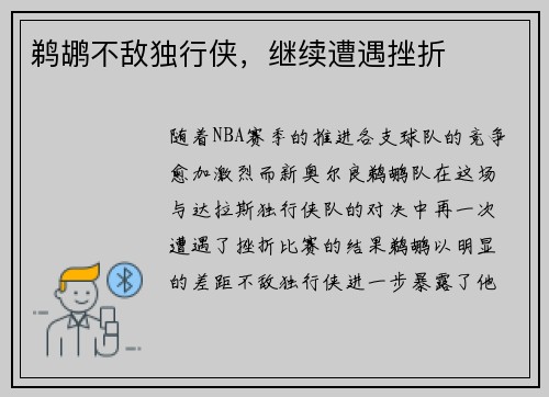 鹈鹕不敌独行侠，继续遭遇挫折