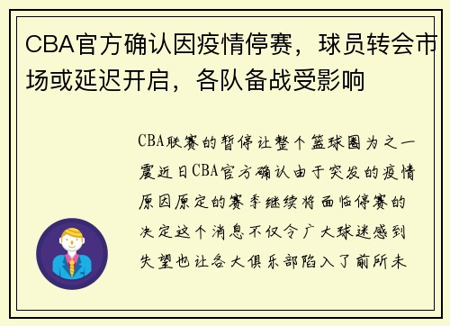 CBA官方确认因疫情停赛，球员转会市场或延迟开启，各队备战受影响