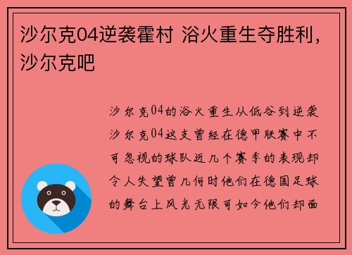 沙尔克04逆袭霍村 浴火重生夺胜利，沙尔克吧