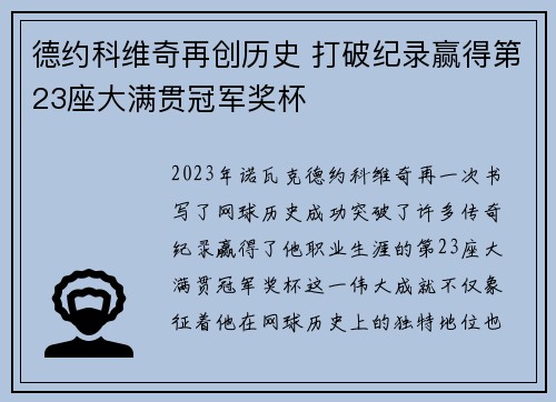 德约科维奇再创历史 打破纪录赢得第23座大满贯冠军奖杯