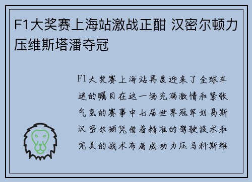F1大奖赛上海站激战正酣 汉密尔顿力压维斯塔潘夺冠
