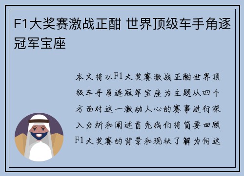 F1大奖赛激战正酣 世界顶级车手角逐冠军宝座