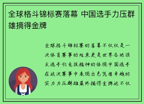 全球格斗锦标赛落幕 中国选手力压群雄摘得金牌