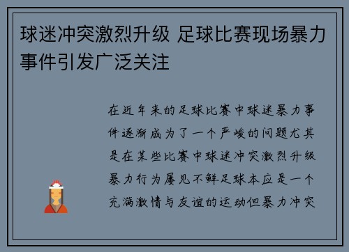 球迷冲突激烈升级 足球比赛现场暴力事件引发广泛关注