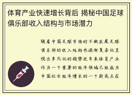 体育产业快速增长背后 揭秘中国足球俱乐部收入结构与市场潜力